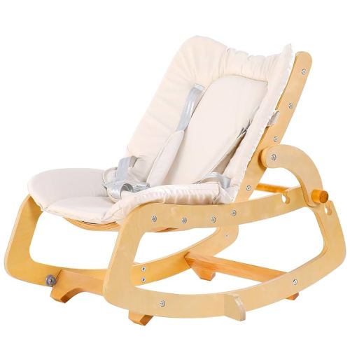 MallBest 3-in-1 Baby Bouncer Adjustable Wooden Rocker Chair Recliner with Removable Cushion and Seat Belt for Infant to Toddler (Beige)