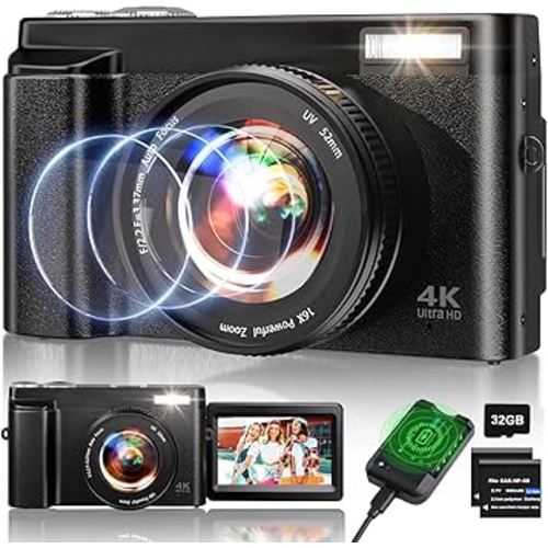 4K Digital Camera for Photography, 48MP Auto-Focus Vlogging Camera for YouTube, 16X Digital Zoom/ 3" 180° Flip Screen/Anti Shake/Flash with SD Card, Compact HD Camera (2 Batteries & Battery Charger)