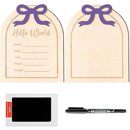 R HORSE Baby Birth Announcement Sign - 3D Coquette Purple Bow Wooden Baby Birth Sign with Marker Pen and Ink Pad for Hand and Footprints Newborn Name Announcement for Girls Nursery Decor Keepsake Gift
