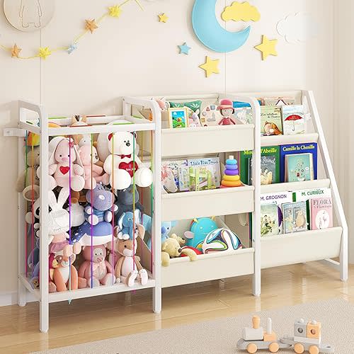 B2 Kids Bookshelf and Toy Storage, 3 Tier Book Shelf for Kids Rooms, Sling Toddler Bookshelf with Stuffed Animal Storage, Montessori Baby Bookcase for Nursery, Bedroom, Playroom, White