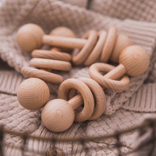 Organic Wooden Baby Rattle | Natural Beech Wood | Simple Minimalist Montessori Toy | Grasping | Eco Friendly