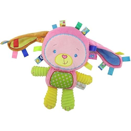 Plush Bunny Stuffed Animal Lovey Infant Pacify Doll Soft Taggie Toy Soothing Sensory Toy Gift for Newborn Toddler Infant Nursery Bed - Pink Rabbit Tags Rattle Toy