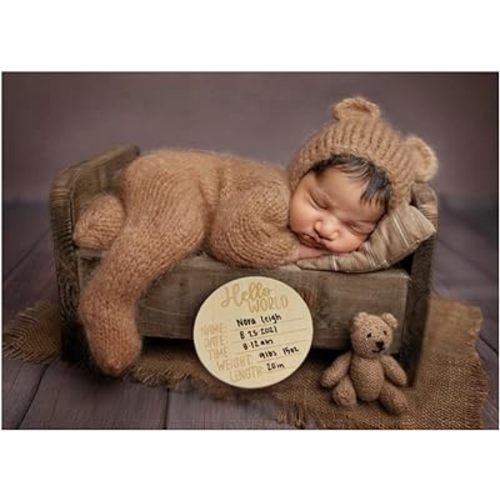 BLUETOP Baby Boy Costume Newborn Outfits, Newborn Photography Outfits Boy Girl with Bonnet, Hand-Knitted Teddy Bear Costume with Baby Announcement Sign