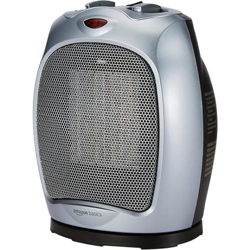 Amazon Basics Oscillating Ceramic Space Heater, Portable Heater for Indoor Use, for Office and Home, With Overheat and Tip-Over Protection, Thermostat, 1500W, Silver, 7.52"D x 6.34"W x 9.45"H