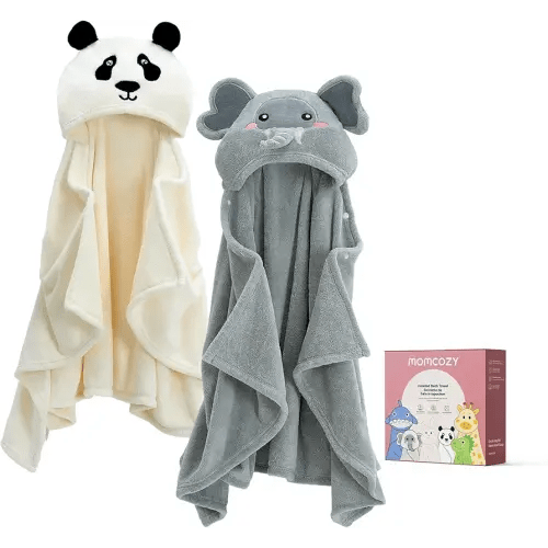 Momcozy Baby Bath Towels with Visualize Health Label - Ultra Soft & Absorbent Coral Fleece Hooded Towels for Newborn, Infant, Toddler (0-36 Months) Bath Essentials (Large Size,2 Pack)