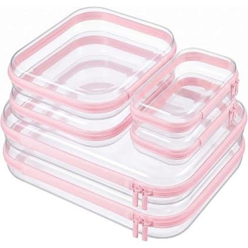 6 Pack Clear Hard Shell Zipper Cases,Cosmetic Bag Transparent Travel Organizer Pouches for Makeup Toiletries Electronics Pencil Storage Toy Organizers Diaper Bag & Home Use(Pink:2L+2M+2S)