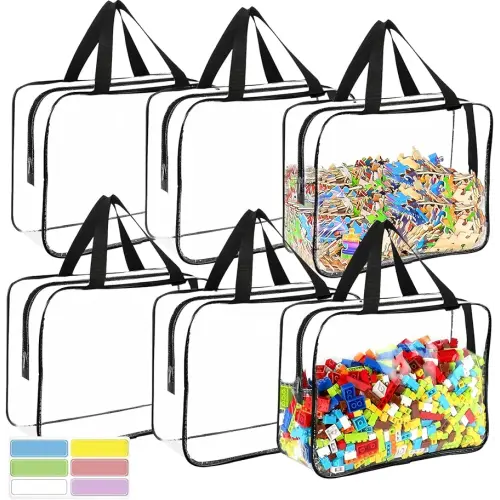 6 Packs Large Toy Storage Bags with Labels, Reusable Clear PVC Board Game Storage, Travel Waterproof Organizer Bags with Zipper for Building Blocks, Puzzle, Kids Books