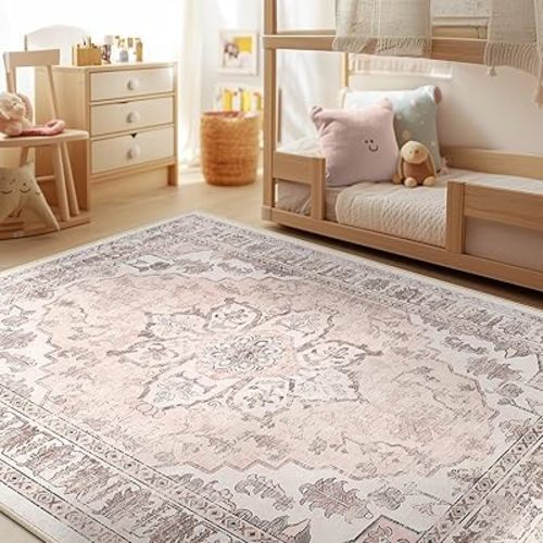 BESTSWEETIE 5x7 Area Rug Washable Rugs for Living Room, No Pile Boho Carpet for Entryway Bedroom Dinning Room, Vintage Carpet Print Distressed Non-Slip, 5 x 7 ft, Pink Beige Grey