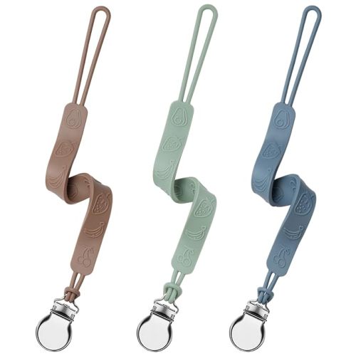 Silicone Pacifier Clip, Seposeve Pack of 3 Baby Pacifier Teether Clip with 4 Texture, Soft Flexible Silicone Pacifier Leashes & Cases for Boy and Girl, Keeps Pacifier Clean, Green Brown Blue