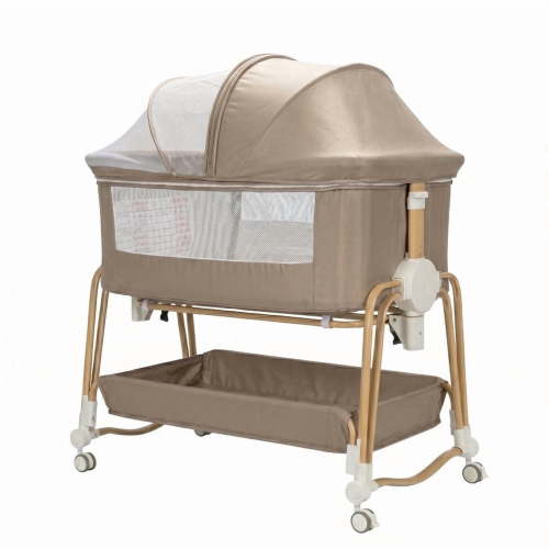 PRVAETU 4-in-1 Baby Bassinet & Bedside Sleeper for Babies, 7-Level Height Adjustable, Wheels with Storage Basket, Breathable Mesh,Khaki