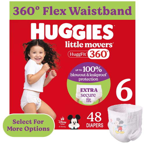 Huggies Little Movers HuggFit 360° Baby Diapers with 360° Waistband, Size 6 (35+ lbs), 48 Ct (Select for More)