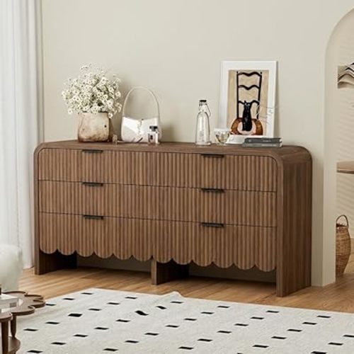 Modern Scalloped 6 Drawer Wide Dresser,59" Fluted Walnut Dresser with Black Handles,Closet Storage Organizer for Bedroom Nursery Room,TV Stand
