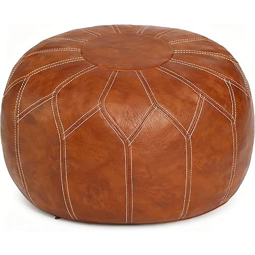 Thgonwid Unstuffed Moroccan Faux Leather Pouf Ottoman with Storage - Handmade Boho Chic Multi-Use Footrest for Living Room, Bedroom, Patio - Round Ethnic Floor Cushion & Decorative Accent, Brown
