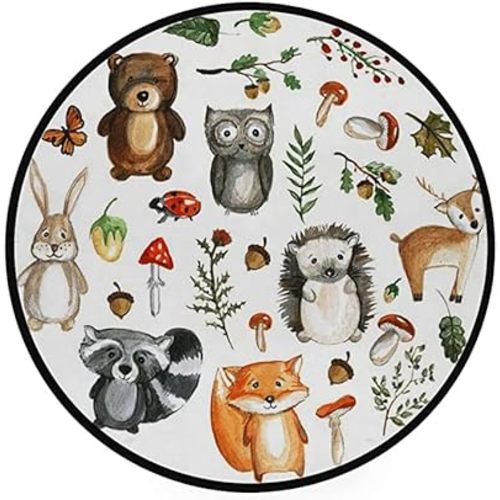 Vantaso Kids Round Nursery Area Rug Cute Woodland Animals 4 Ft Non Skid for Children's Bedroom Playing Room