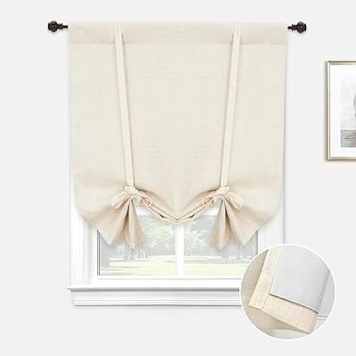 DriftAway Double Layer Linen Blackout Tie Up Curtains Thermal Insulated Fully Lined Balloon Roman Shade Bathroom Window Adjustable Rod Pocket for Small Window 31 Inch by 47 Inch Full Blackout Beige