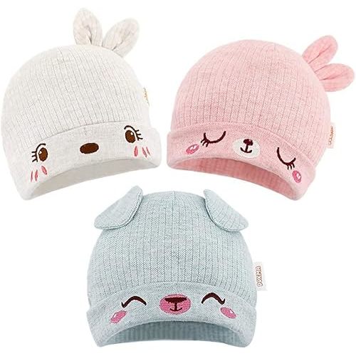 DOKMA Organic Cotton Toddler Hat Set 3 Cute Animal Ears Design, Beanies for Baby Boys and Girls 0-3 Months, Pink