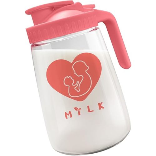 Breast Milk Pitcher, 32 oz Glass Mason Jar with Lid, Wide Mouth & Leakproof Easy Pouring Glass Pitcher for Breastmilk, Sun Tea, Juice, Cold Brew Coffee, and Other Beverages