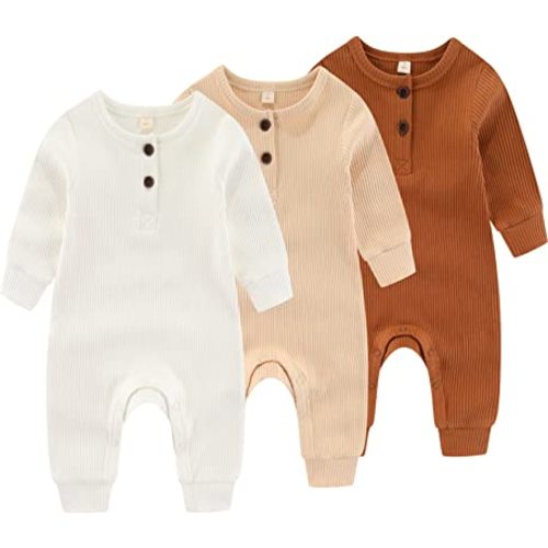 Newborn Baby Boys Girls One Piece Romper With Mitten Cuffs 3 Pack Long Sleeve Ribbed Button Jumpsuit Outfit Clothes