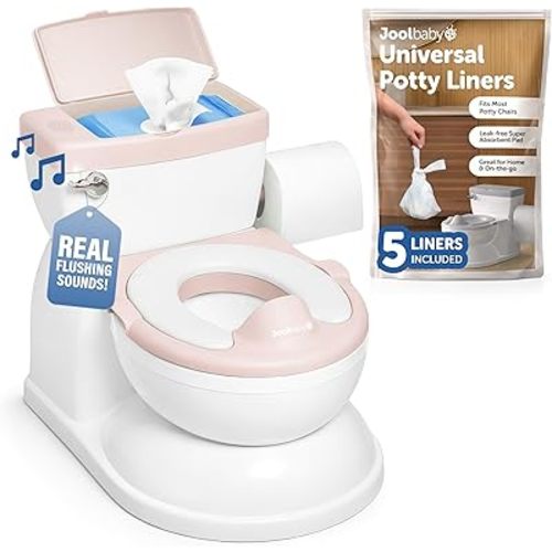 Jool Baby Real Feel 2-in-1 Potty with Wipes Storage, Flushing Sounds & Disposable Liners - Realistic Toilet - Easy to Clean & Assemble (Pink)