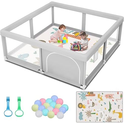 Baby Playpen with Mat and Ocean Balls 50x50 Inch, Play Pen for Babies and Toddlers with Gate, Baby Fence Sturdy Safety Playpen, Indoor & Outdoor Kids Activity Center