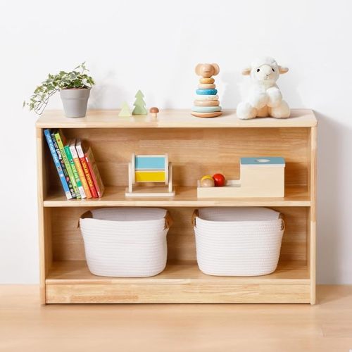 Rubber Wood Montessori Shelf and Toy Storage, 35.4" L, Solid Wood Bookshelf and Toy Organizers, 2-Tier Storage Cabinet Shelves and Kids Bookcase for Classroom, Kindergarten, Kids Room, Playroom.