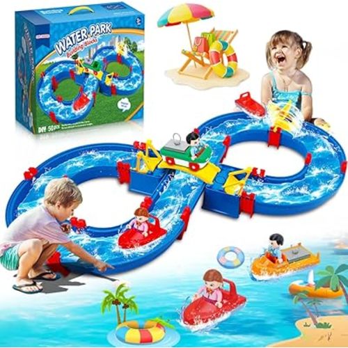 Kids Outdoor Water Table Toys, Water Park Playset 50PCS DIY Table Beach Toy on Backyard,Lawn,Pool Waterway Toy with 2 Boats, Summer Outside Activity Funs for Toddler Boys Girls Ages 4-8 3-5