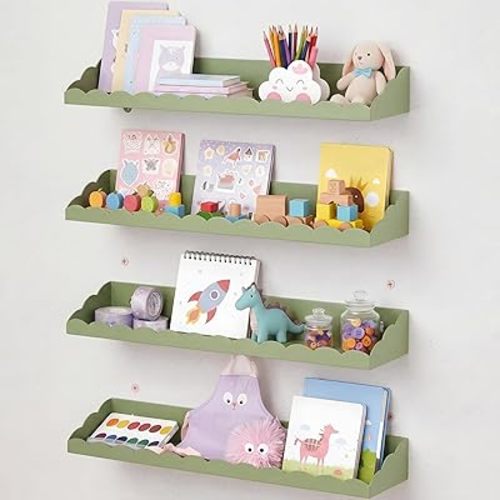 4 Pack Green Scalloped Nursery Book Shelves for Wall 17 Inch Room Floating Green Scalloped Nursery Bookshelves Wall Mounted Shelf for Room Bedroom Playroom Decor, Metal Material