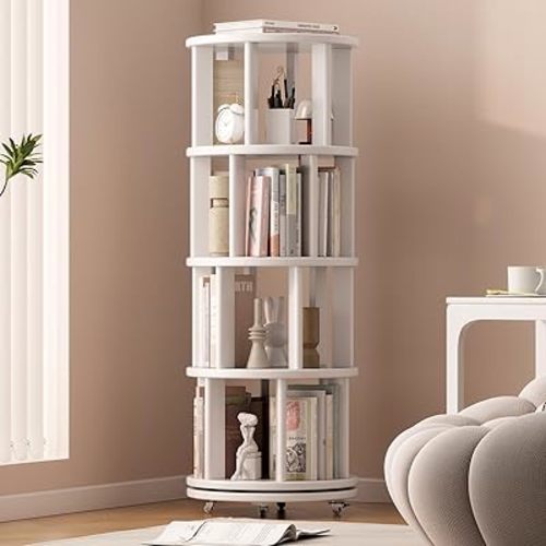 Solid Wood Rotating Bookshelf Tower with Lockable Wheels, 4 Tier, Round Revolving Bookcase for Small Spaces, White