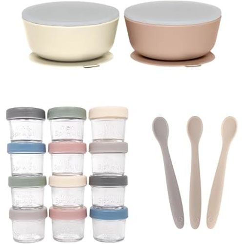 WeeSprout Baby Feeding Bundle - Glass Food Storage Jars - 2 Silicone Suction Bowls - 3 Soft-Tip Baby Spoons - Microwave & Dishwasher Safe - Infant to Toddler Mealtime Kit