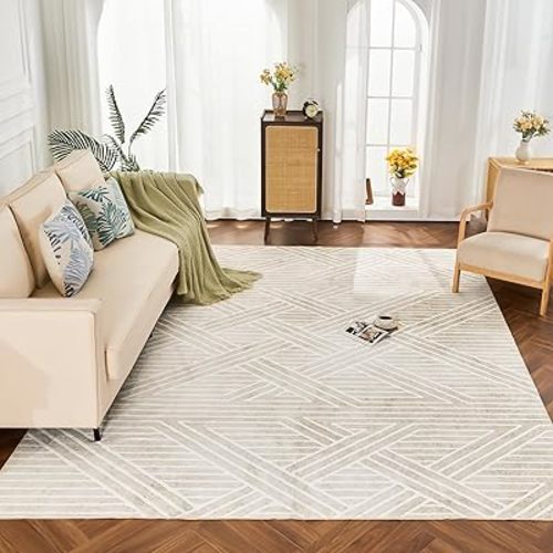 INGEROOM 8x10 Washable Area Rugs, Beige Geometric Area Rug for Living Room Bedroom, Modern Neutral Area Rug, Large Non-Slip Indoor Floor Carpet for High Traffic Areas, Kitchen, Dining Room