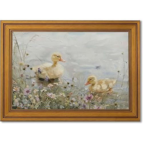 Gold Framed Ducklings Canvas Wall Art, Yellow Ducks in Wildflower Pond Painting Picture, Rustic Aesthetic Print, Soft Pastel Animal Artwork, for Bathroom Bedroom Living Room Wall Decor, 9x11in