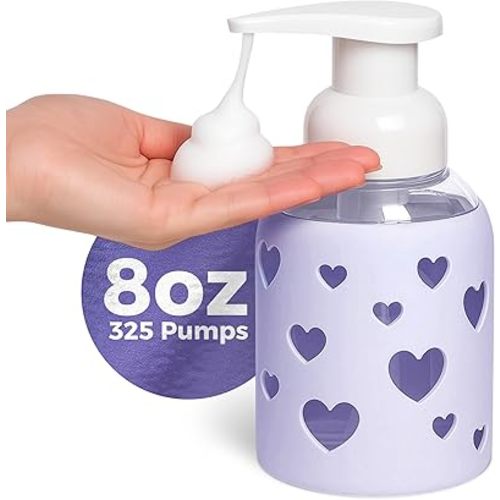 SoCal Suds & Company Glass Foaming Hand Soap Dispenser, Heart Silicone Sleeve, Refillable Pump Bottle for Kids, Baby Wash & Shampoo, Ideal for Home Use, Soft Purple 8oz