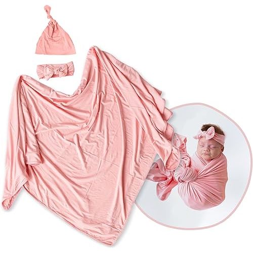Newborn Swaddle and Hat Set, Stretchy and Comfortable Baby Swaddle Blanket, Use as Receiving Blanket, Toddler Blanket and More, Pink, 47 x 47 inches