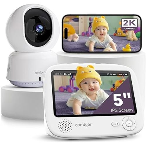 Baby Monitor with 2K Camera and Audio, Hybrid 2.4G Wi-Fi and No Wi-Fi Connection, App and Monitor Control, Night Vision, Motion Detection, Temp Sensor, Pan-Tilt, Lullabies, 1600ft Range