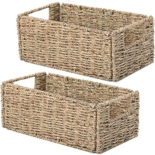 Vagusicc Wicker Storage Basket, Set of 2 Hand-Woven Storage Baskets for Organizing, Small Wicker Basket for Toilet Paper, Foldable Large Cube Storage Organizer Basket Bins for Shelves (Sea Grass)