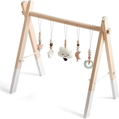 Wooden Baby Gym Foldable Baby Play Gym with 5 Hanging Rattle Toys, Natural Wood Frame Activity Center Hanging Bar for Newborns, Sensory Activity Center for Infants and Toddlers -- Ideal Baby Gift
