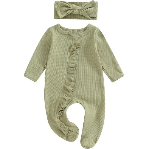 Ayalinggo Newborn Baby Girl Fall Winter Outfits Clothes Knit Jumpsuit Ruffle Romper Newborn Coming Home Outfit for Baby Girl - 0-3 Months - Mitten Cuff Jumpsuit Green