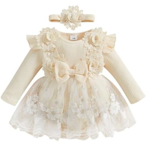 Infant Baby Girl Flower Lace Romper Dress Outfit Ruffled Skirted Bodysuit Headband Newborn Photography Clothes