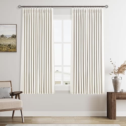 Natural Cream Linen Curtains 63 Inch Length 100% Blackout Pinch Pleated Drapes Farmhouse Full Black Out Short Curtain Room Darkening Back Tab Pinch Pleat with Hook Rings for Small Window 40X63