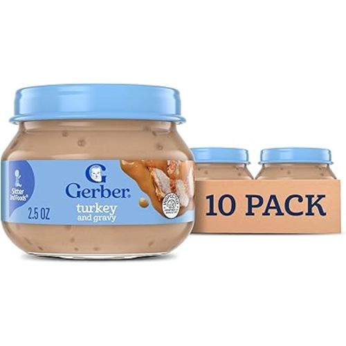 Gerber Stage 2 Baby Food, Turkey and Gravy Jar, Baby Food Poultry Puree, Baby Mealtime, Baby Puree Jars Glass, 10-Pack