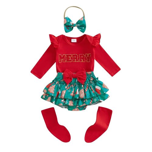 FYBITBO Newborn Baby Girl Christmas Outfits Cute Letter Romper Ruffle Plaid Skirt Dress Infant Christmas Outfit Clothes Set