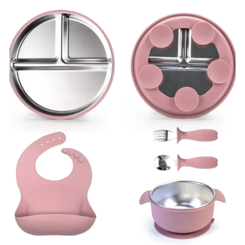 Baby Feeding Bowl Silicone Suction 304 Stainless Steel Partitioned Dishproof Children's Tableware Set Baby Dinner Plate