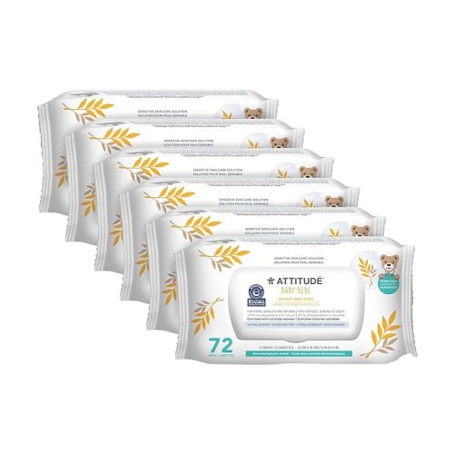 ATTITUDE Oatmeal Sensitive Natural Baby Care Wipes, Hypoallergenic, Vegan and Cruelty-Free, Unscented, 72 Wipes (Pack of 6) - 1 Count (Pack of 6)