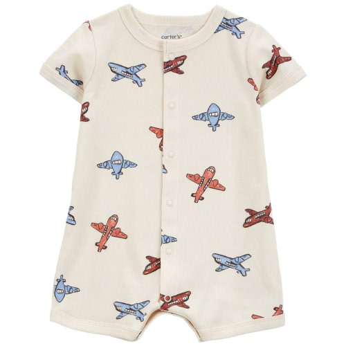 Baby Airplane-Print Ribbed Short-Sleeve Romper - Cream - Carter's | Carter's