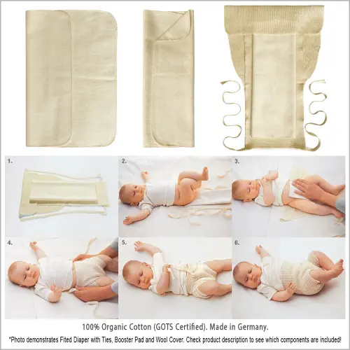 10 PACK: Disana Organic Cotton Cloth Diaper Set — Tie-On Fitted Diaper with Matching Booster Pads, Made in Germany