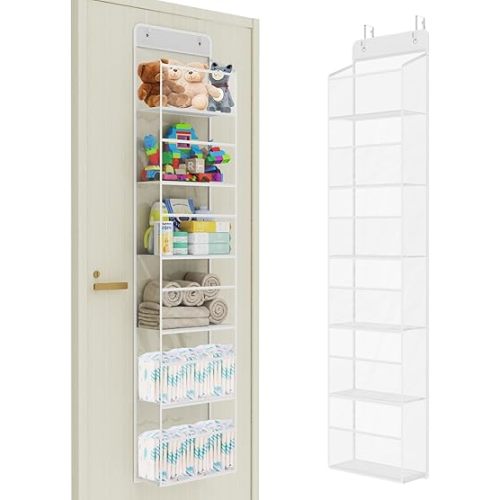 Univivi Over Door Hanging Organizer, Closet Door Organizer with 6 Clear Plastic Pockets & 2 Big Metal Hooks for Cosmetics, Bathroom, Nursery and Sundries