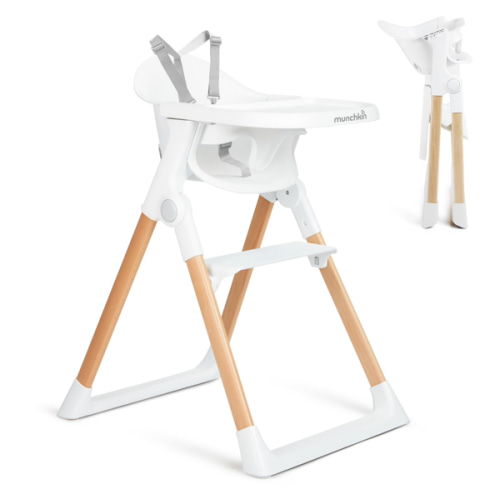 Munchkin Float Baby High Chair, Foldable and Easy to Clean, for Babies and Toddlers, White with Wooden Legs