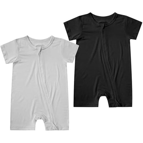 Teach Leanbh Unisex Baby 2 Pack Bamboo Viscose Pajamas Short Sleeve 2 Way Zipper Romper Jumpsuit Sleep and Play