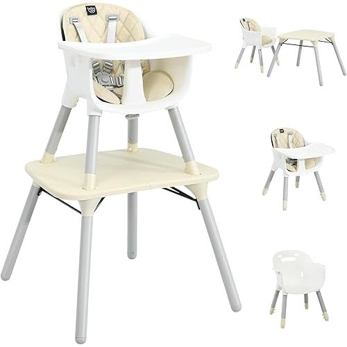 BABY JOY High Chair, 5 in 1 Convertible Highchair for Babies & Toddlers | Booster Seat | Table and Chair Set | Infant Feeding Chair with Removable Tray, Safety Harness, Removable Cushion (Beige)