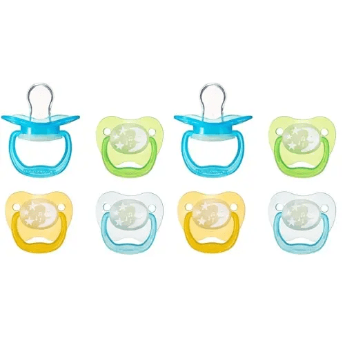 Amazon Brand - Mama Bear Glow-in-The-Dark Baby Pacifier, Stage 1 (0-6M), BPA Free, Assorted Colors (Pack of 8)